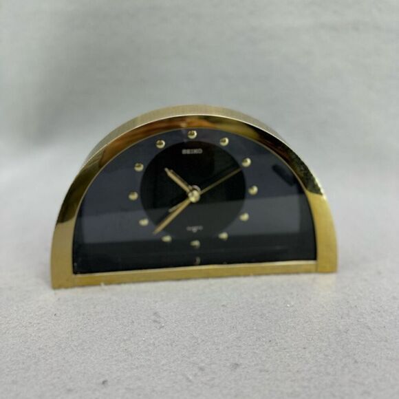 Seiko Quartz Half Moon Gold Tone Black Dial Mantle Clock - Picture 9 of 11